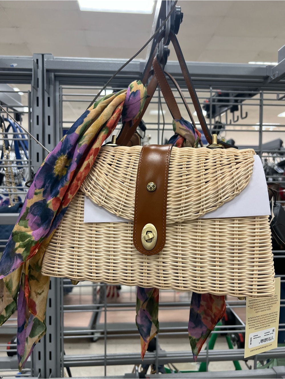 Patricia Nash Woven Straw Handbag with Brown Leather Trim and Floral Scarf